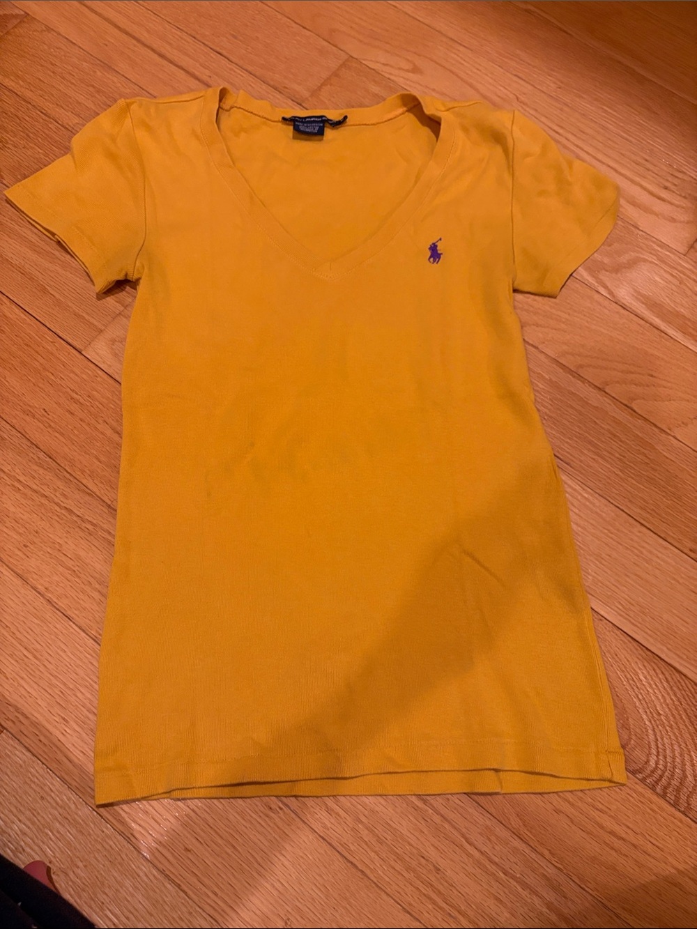 Ralph Lauren V-Neck Polo Shirt in Bright Yellow with Purple Logo medium